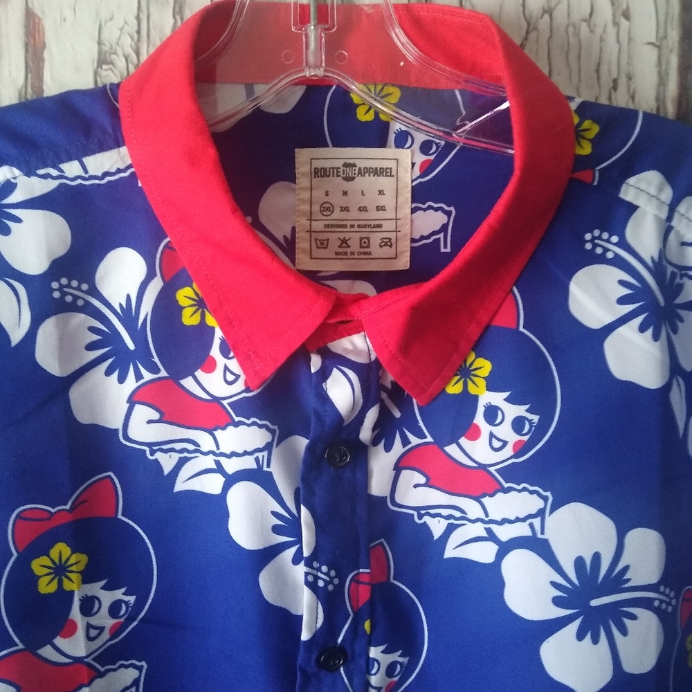 UTZ Original Chips Mascot Hawaiian Floral Button Down Shirt Blue & Red Mens 2XL - Picture 2 of 4